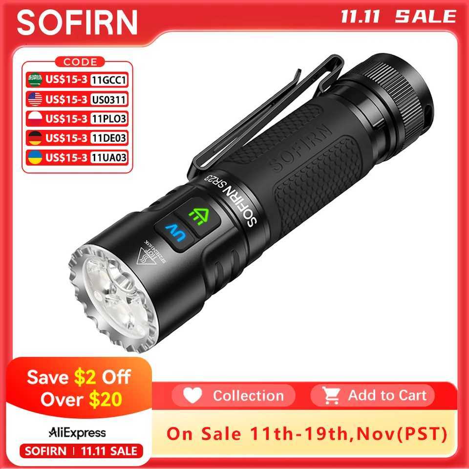 SOFIRN SR23 Dual Light Flashlight 3300lm White Floodlight365nm UV Light 21700 USB C Rechargeable EDC lamp with Magnetic Tailcap M251117