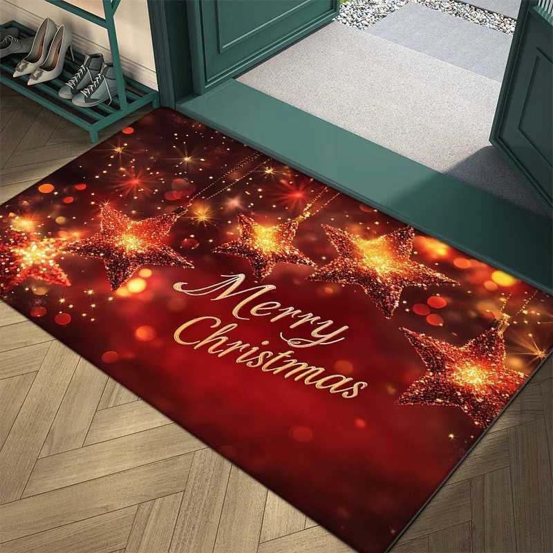 Christmas Star Flannel Door Mat Carpet Five-Pointed Star Merry Christmas Print Non-Slip for Kitchen Living Room DecorM251117