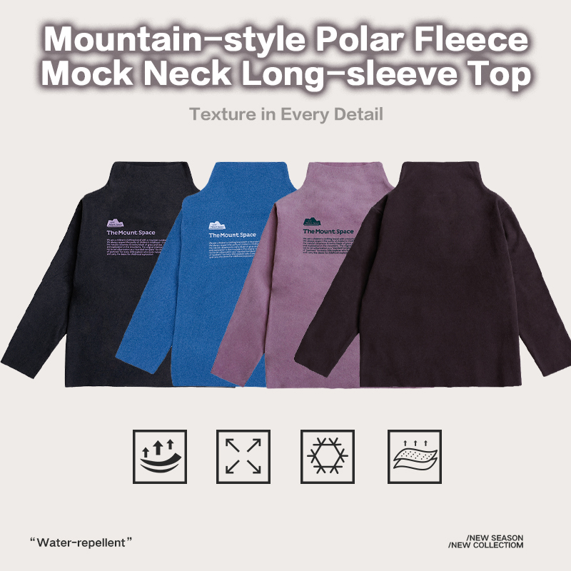 Mountain-Style Polar Fleece Mock Neck Long-Sleeve Top, Water-Repellent Textured Outdoor Sweatshirt for Men, New Season Hiking & Daily Wear 25AG1136