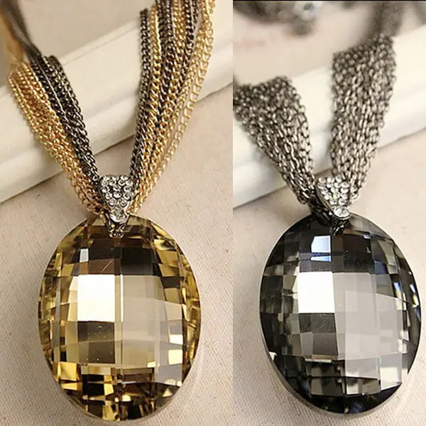 Gold Color Black Oval Glass Crystal Pendant Charm Multi-Chain Long Chain Necklaces for Women Summer Party Gift 251114