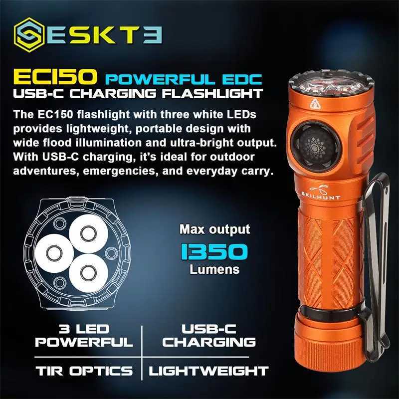Skilhunt EC150 AA 14500 USB-C Rechargeable LED Flashlight 1350 Lumens Mini Torch M251117