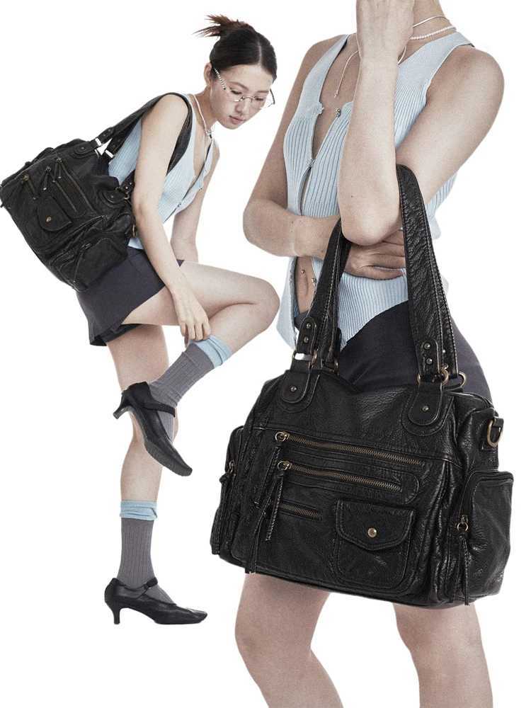 high quality bag Soft leather retro One shoulder messenger bag large capacity tote bag punk multi pocket Y2Kmotorcycle bagW251115