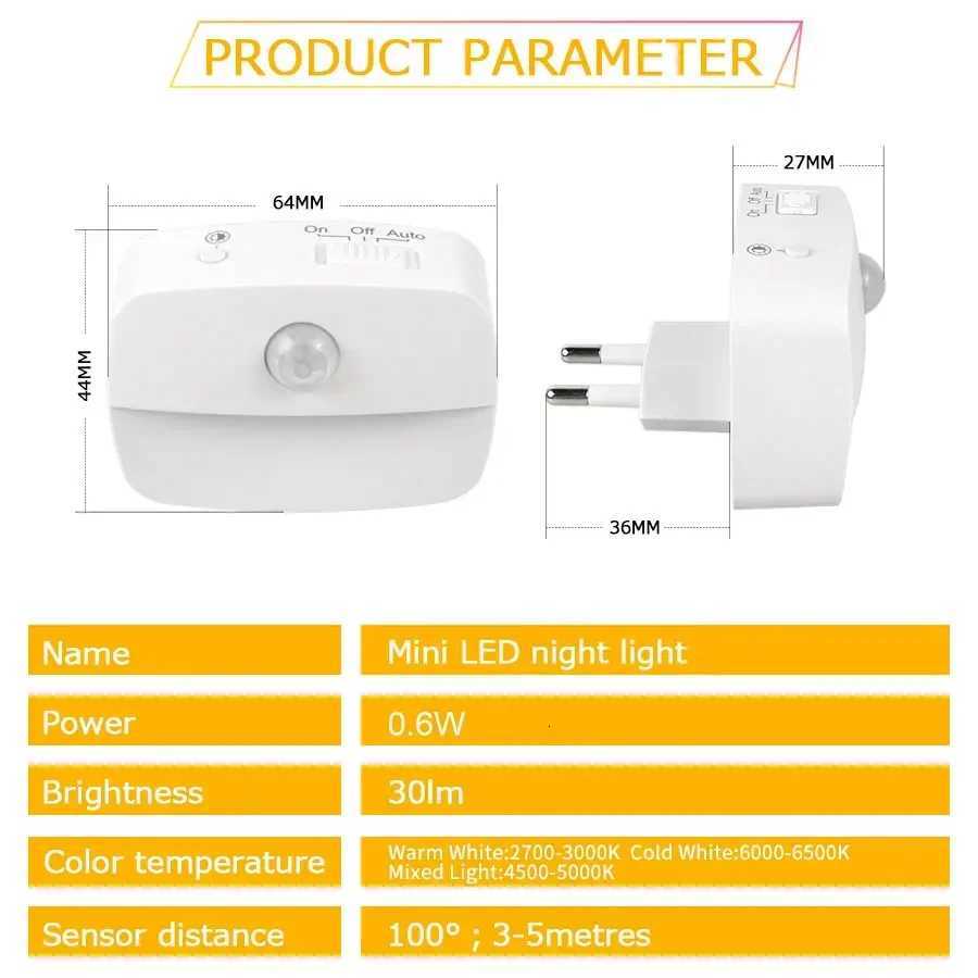 Motion Sensor EU US Socket Plug in LED Night Light 220V 110V Human Infrared Induction Lamp for Bedroom Stairs Cabinet Corridor M251118
