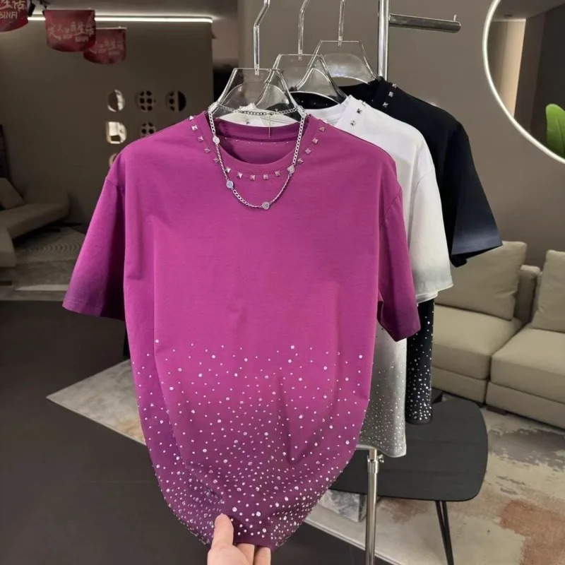 Starry Sky Rivet Diamond Loose Short Sleeve Tshirt for Men Gradient Fashion Casual Round Neck Half Top 250407