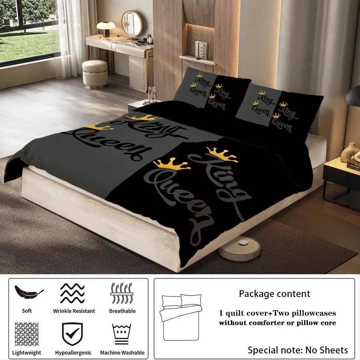 3-piece Couple Black Grey King Queen Pattern Printed Down Duvet Cover 1 piece set2 cases no core Couple Bedding SetM251118