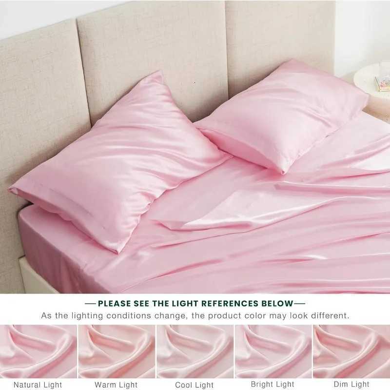4 Piece Pink Silky Satin Bed Sheets Queen Set with Deep PocketM251118