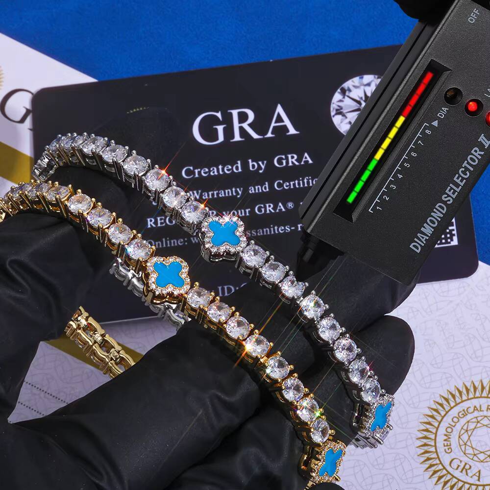 Laboratory cultivation Unisex Hip Hop Bracelet 4mm Tennis Chain 925 Silver Iced Out VVS Moissanite Multicolor Clover Leaf Fine Jewelry