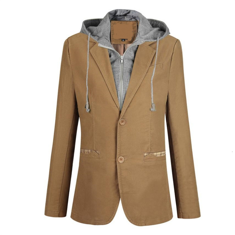 Spring and Autumn Style Detachable Hooded Slim Fit Cotton Small Suit Fake Two-Piece Plus Size Mens Single Piece Fat Man Suit 201201