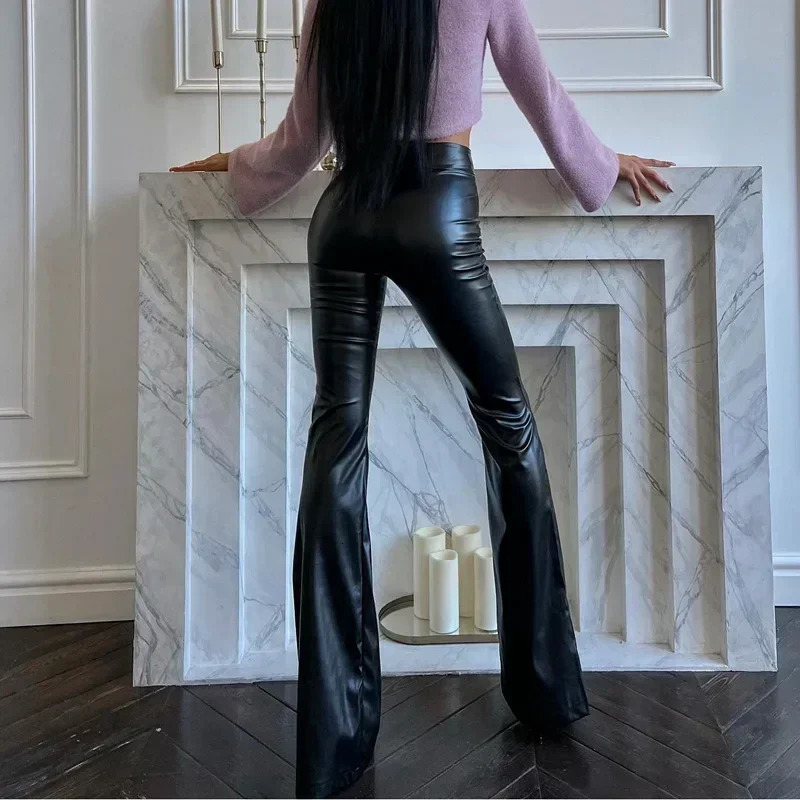 Red Shiny PU Faux Leather Flare Pants Women Autumn Spring Fashion Slim Sexy High Waist Casual Trousers Female Y2K Leggings Z260314