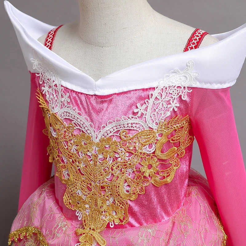 Disney Girls Sleeping Beauty Aurora Princess Dresses Halloween Cosplay Costume Off Shoulder Kids Fancy Party Children Clothing 4-10 Yrs W20250418
