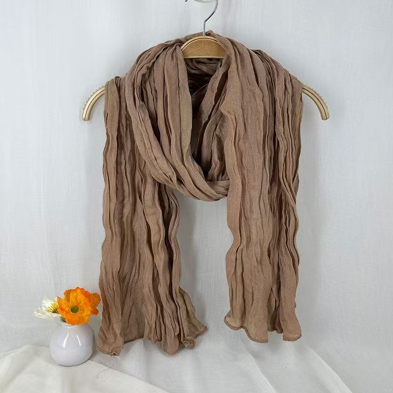 T498 solid color Japanese cotton and linen scarf pleated retro autumn and winter warm neck shawl literary all-match fashion neck scarf