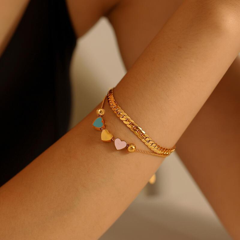 Hot selg color dripping oil heart double-layer necklace bracelet, niche light stainless steel set accessories ddmythur
