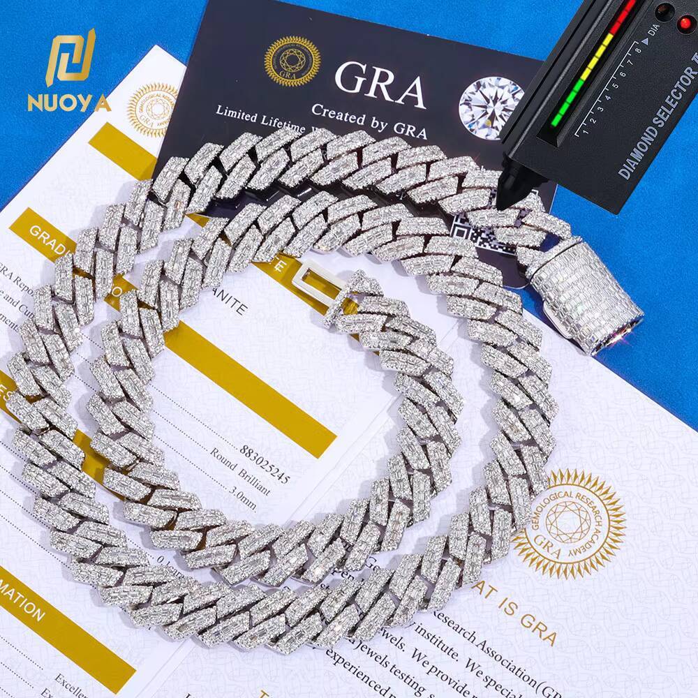 Laboratory cultivation 14mm Cuban Link Chain Shiny Mixed Inlay Baguette VVS Moissanite 925 Silver Iced Out Hip Hop Necklace