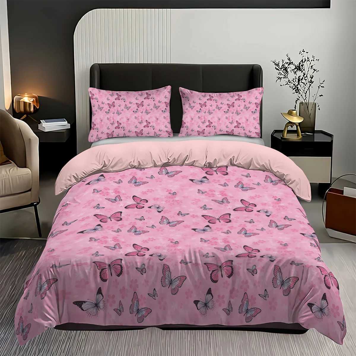 3-piece Pink Butterfly Printed Coreless Bedding Set Soft and Comfortable Suitable for Various Sizes of Dormitory BedroomsM251118