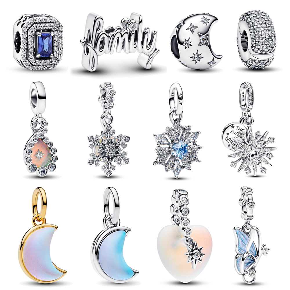 FewDook Hot Sale Silver Plated Sparkling Crescent Moon Snowflake Dangle Charm Fit Pan Bracelet Making For Woman Fashion Jewelry Gifts