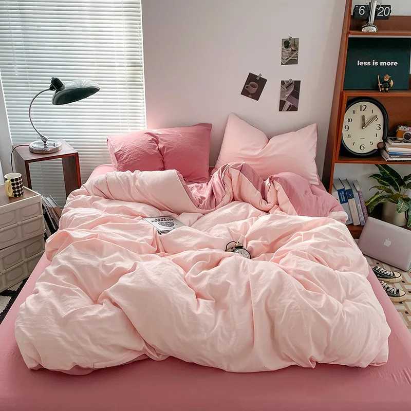 ins solid color washed cotton four-piece set quilt cover bed cover homestay single quilt cover beddingM251118