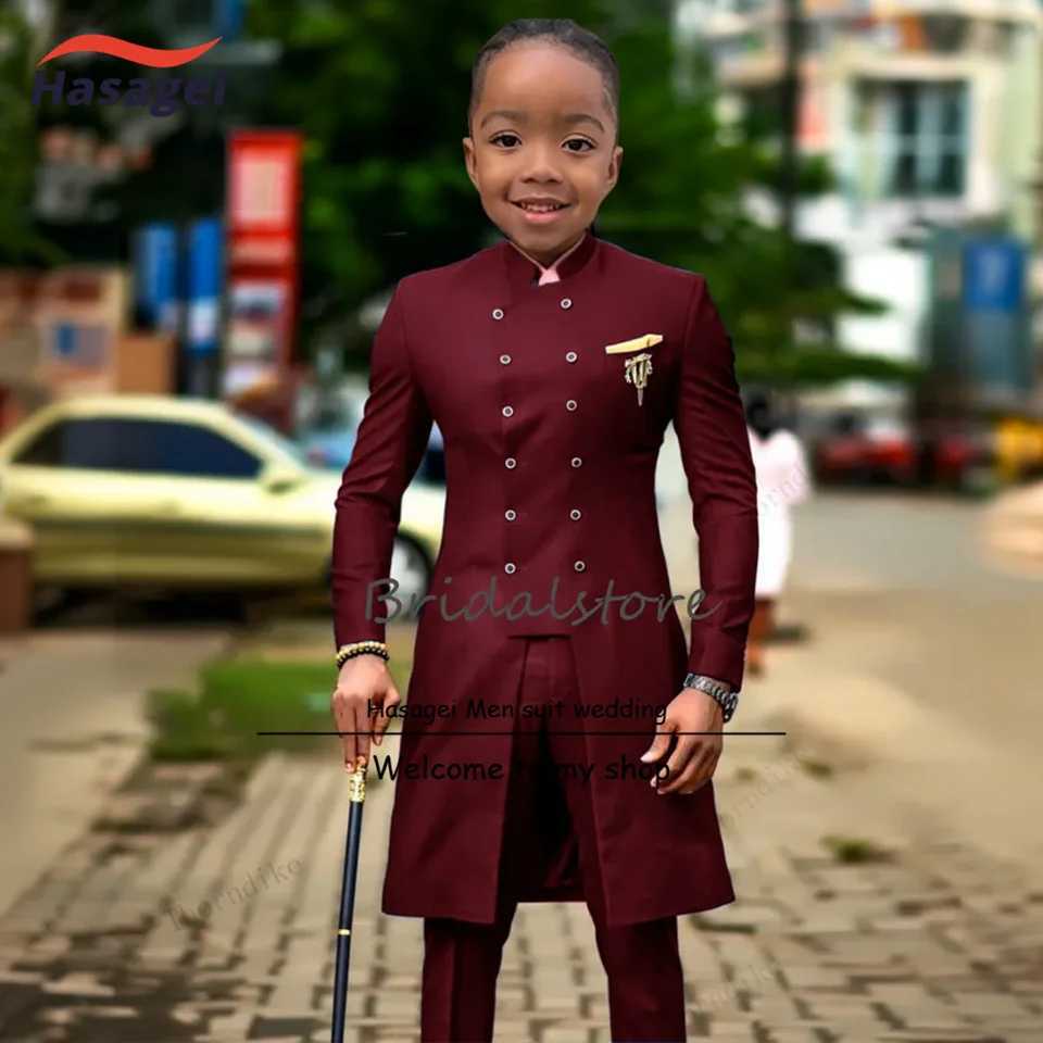 Burgundy Boys Set 2-piece Double Chest Jacket Wedding Childrens Tailcoat Long Coat Formal Party Performance Costume Y250418PQEL