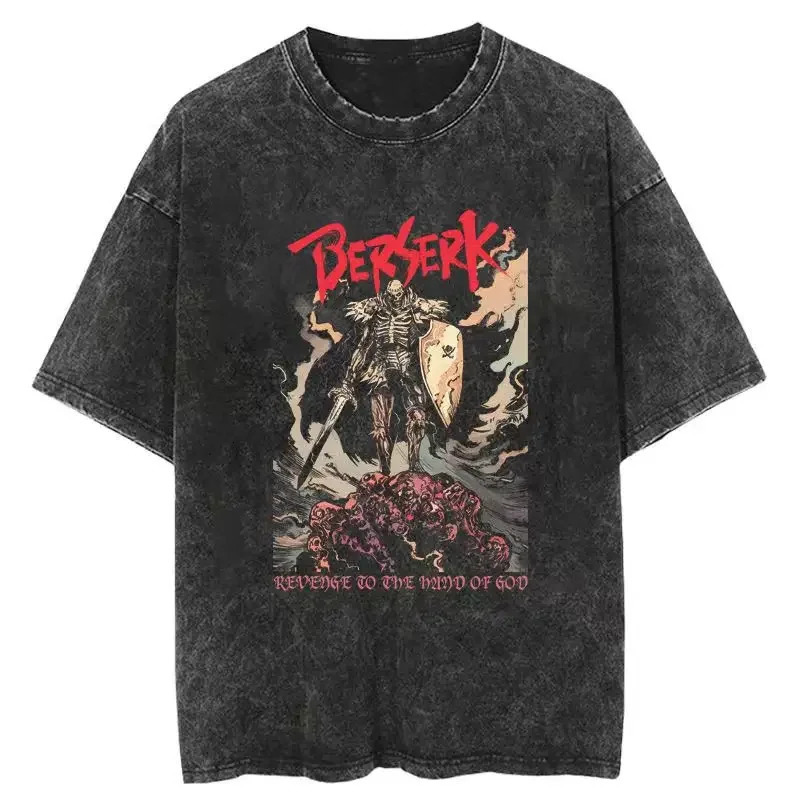 Washed Berserk cotton mens retro Japanese anime oversized shirt streetwear Harajuku summer short sleeved loose top 250408Z