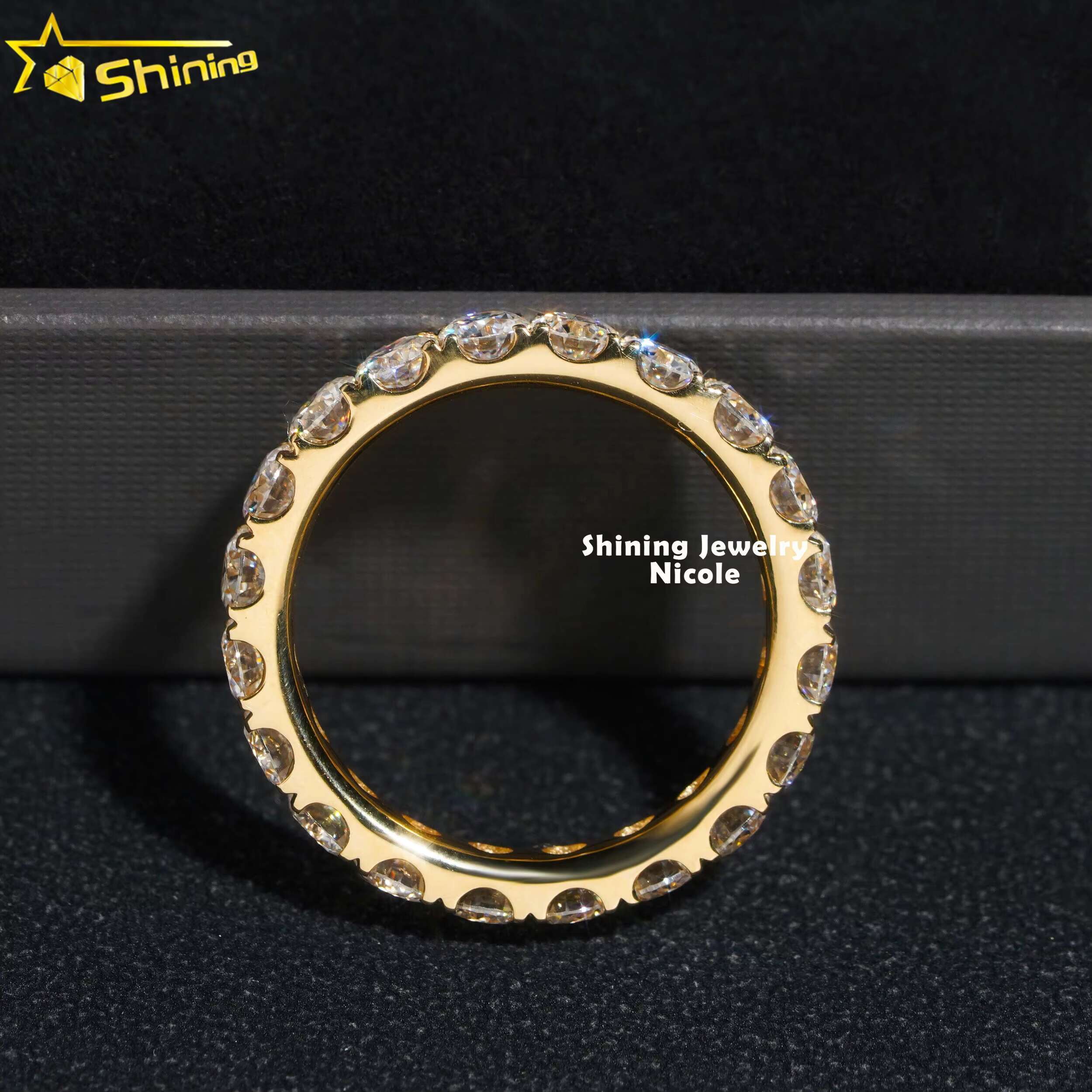 Hot Sale Pass Tester 3MM Eternity Band Solid Yellow Gold Engagement Moissanite Dia Ring