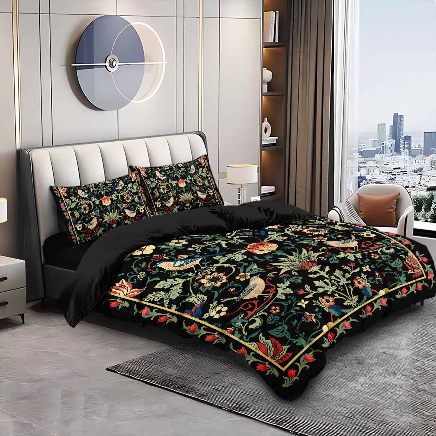 3pcs Black Retro Floral Print Coreless Duvet Cover Set Multi Size Bedroom Dormitory Soft and Comfortable Machine WashableM251118