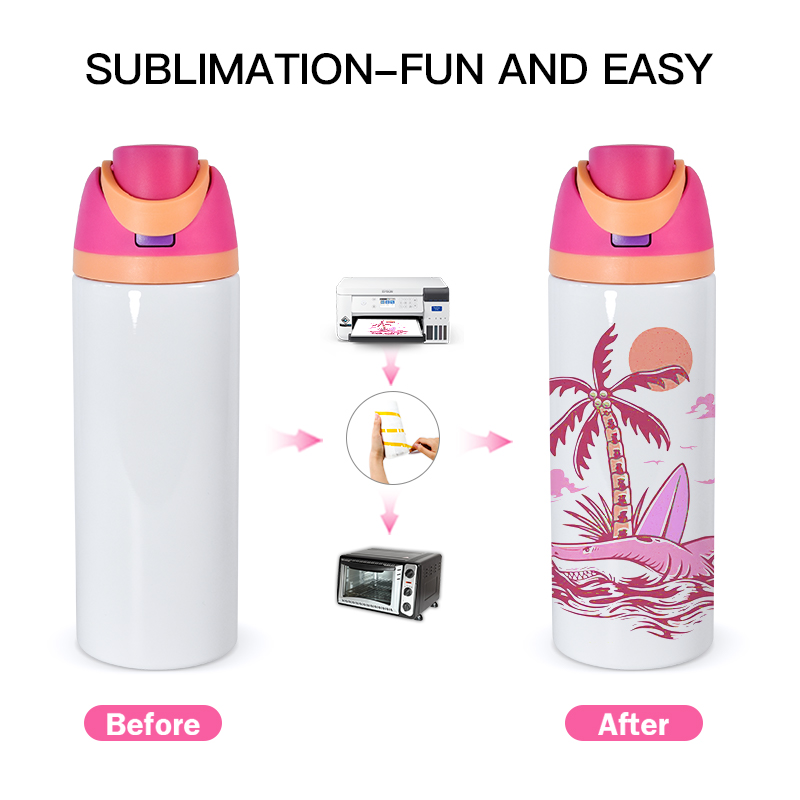 24oz sublimation white sports water bottle with colored lid straw double walls stainless steel vacuum insulated flask fruit drinking bottle A1