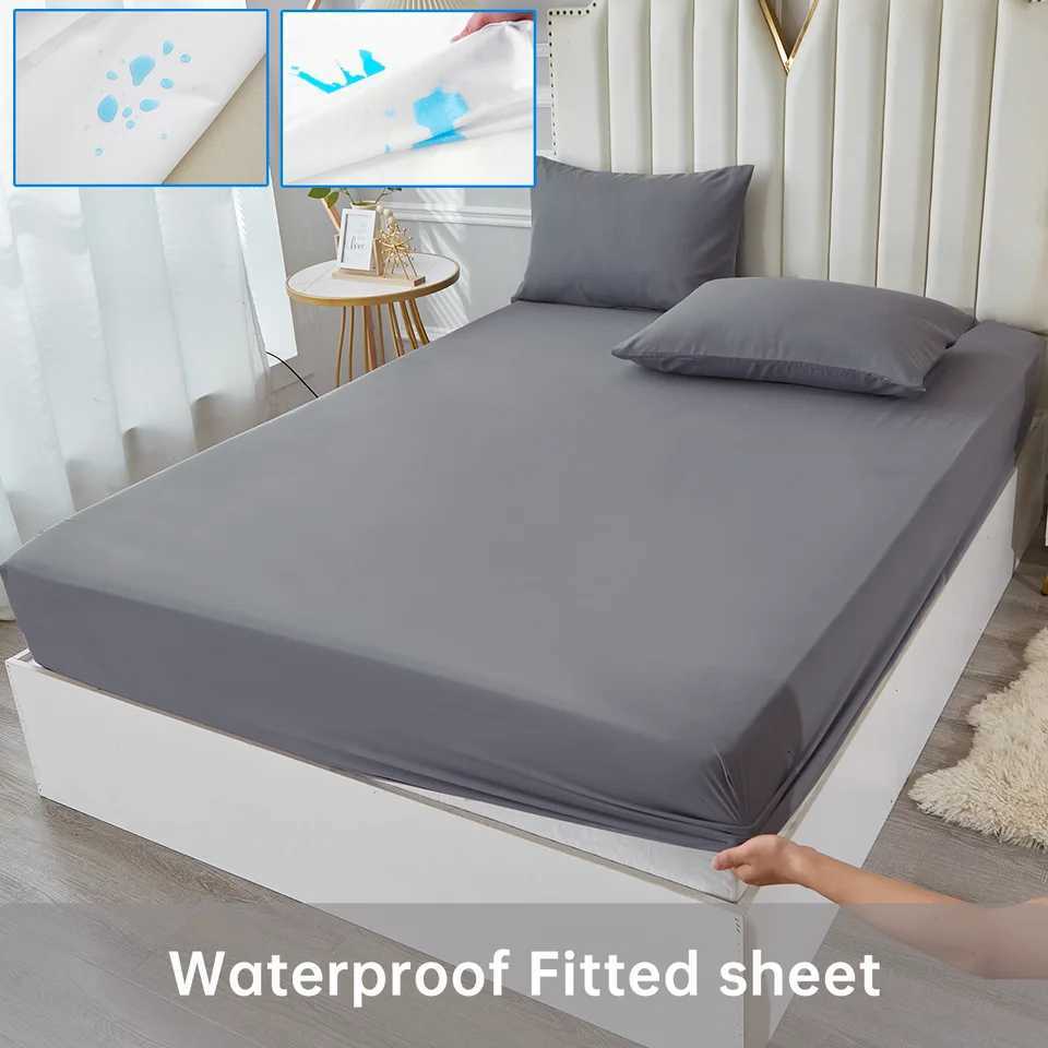 3/4pcs Solid Beding Set Waterproof Fitted sheet Bed Sheet cases Soft Queen KIng Full Twin Size White and GrayM251118