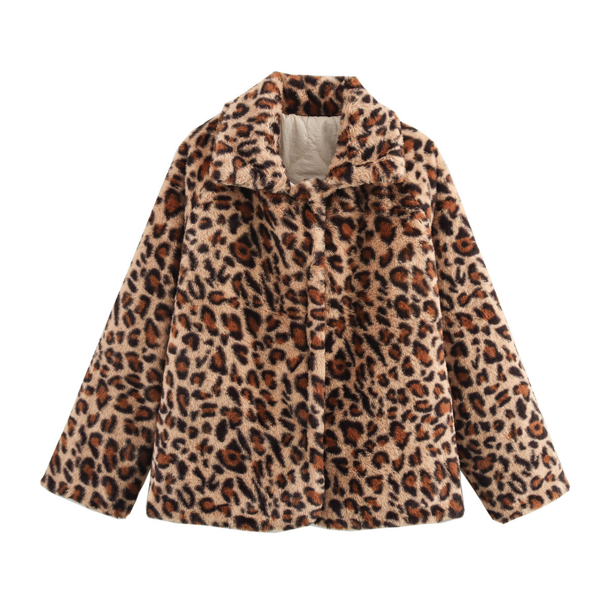 Women's Jackets Collared Reversible Quilted Cotton Jacket Fashion Leopard Print Pocket Medium-Thickness Top