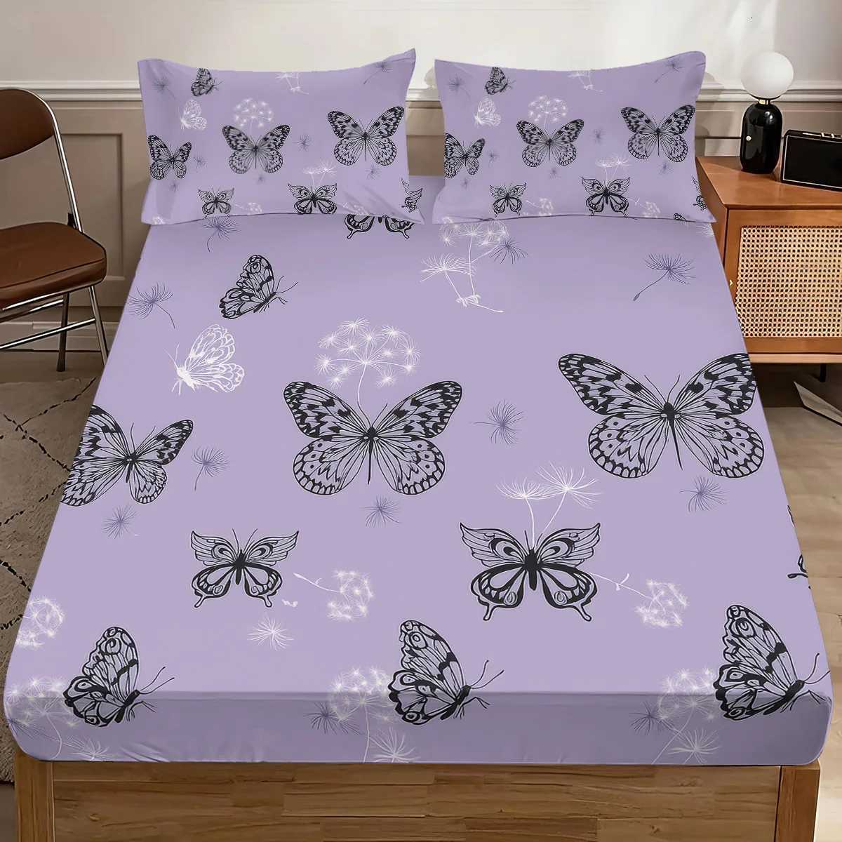 3pcs Purple Dreamy Butterfly Romantic Print Coreless Bed Sheet Set Multiple Sizes Bed Cover Bedroom Bedding DecorationM251118
