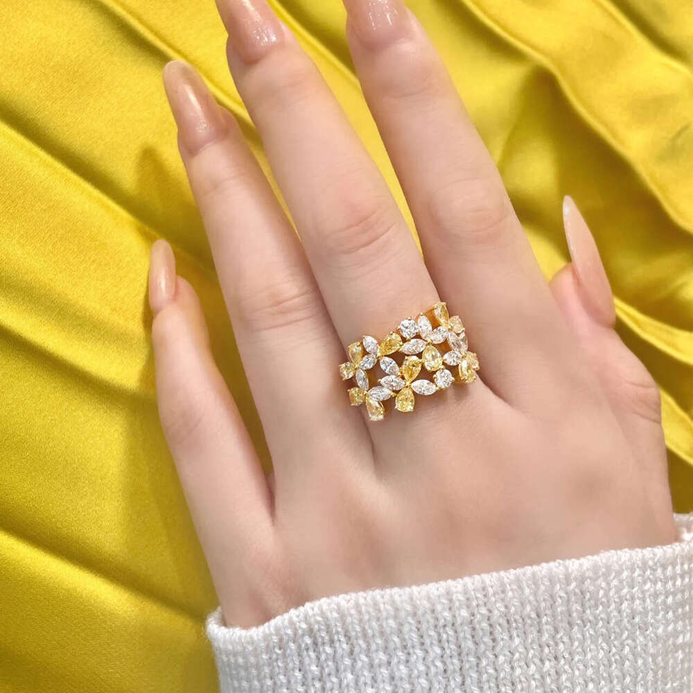 Designer Jewelry Wedding Rings Small Yellow Flower Diamond For Women Colorful Diamond, Ins Water Drop Shape 18K Plated Niche High-end Feel Micro-pave 