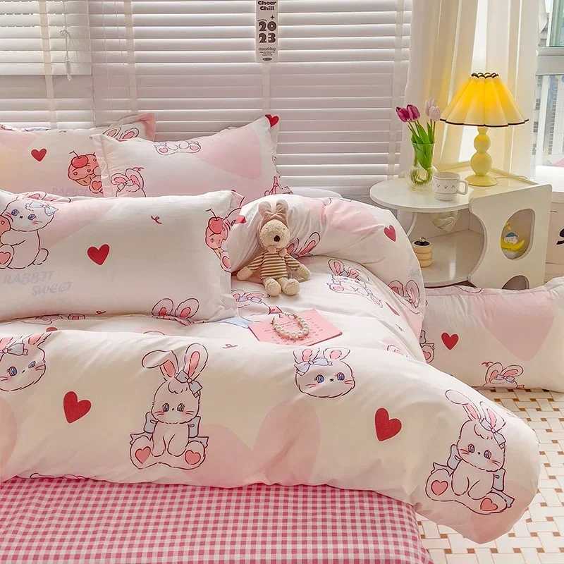 Cartoon Style Bed Sheet Set For Kids Cute Bunny Printed Bedding Set Breathable Durable Queen/King BeddingM251118