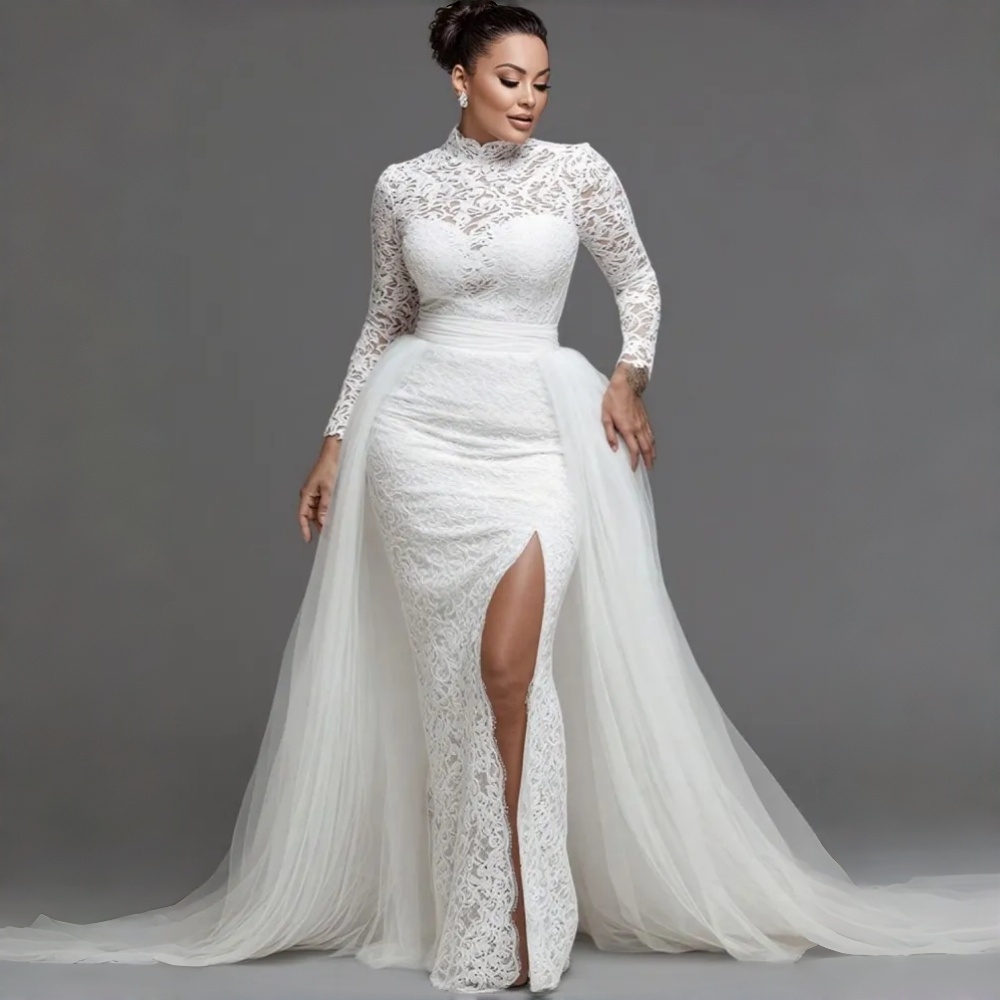 Side Slit Sheath Lace Wedding Dresses With Detachable Skirt 2026 High Collar Long Sleeves Elegant Bridal Gowns Ivory Vestidos De Novia