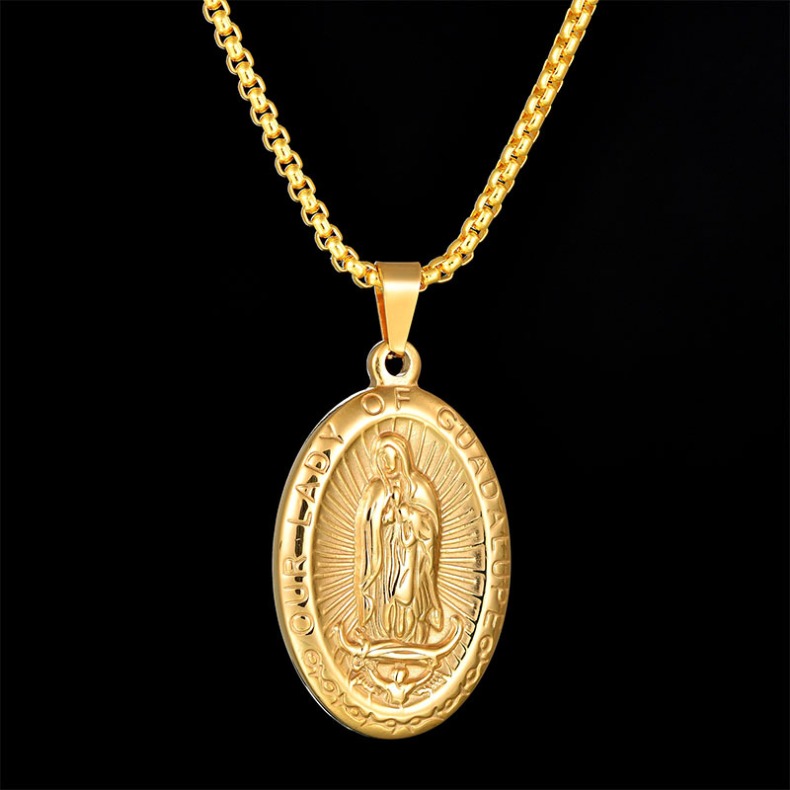 Saint Christopher Virgin Mary Lady of Guadalupe Necklace for Men Women Stainless Steel Religious Jewelry Medal Oval Shaped Pendant Amulet Jewelry Gift