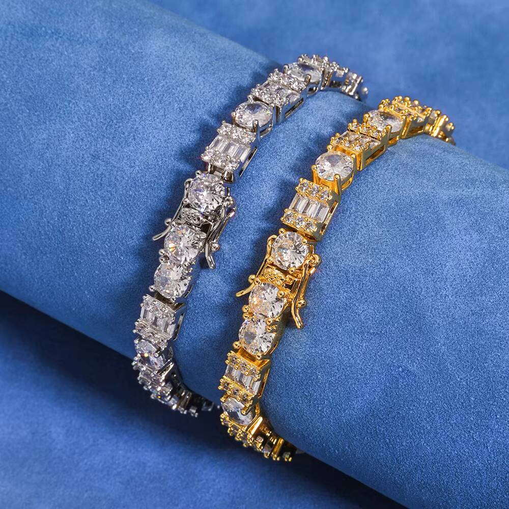 NUOYA Womens Hip Hop 925 Silver Tennis Chain Bracelet Iced Out Baguette Round VVS Moissanite Fine Jewelry