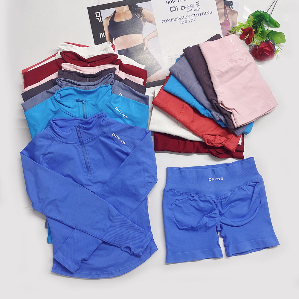 Gym Impact two pieces yoga outfits Long Sleeve Half Zippy yoga Sports top shorts dfyn Jacket Women Yoga Clothing Seamless Sport Shirt Fitness Workout Clothes