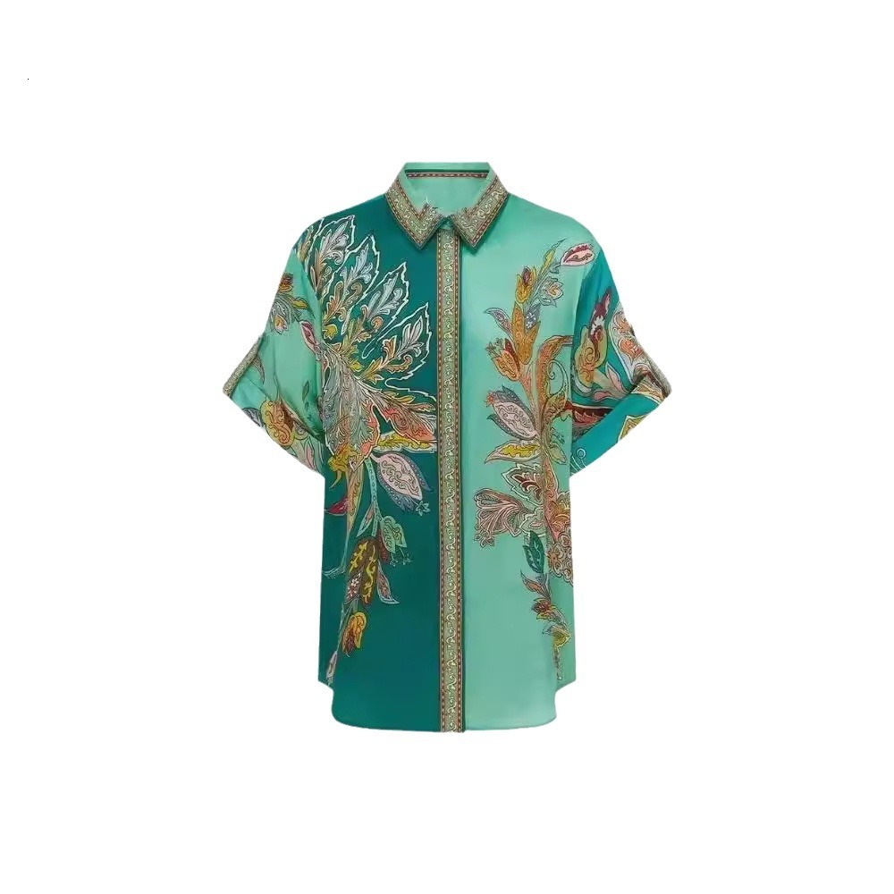 Women Two Piece Wid Let Pants Suit New Printed Satin Short Sleeve Collar Shirt and Pants Casual Set