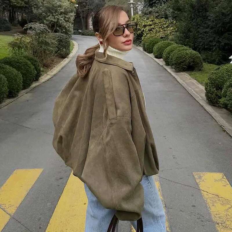 Designer Clothes TRAF Crop Suede Women Spring Women's Jacket Bomber Plus Size Outerwears New In & Jackets Oversize Long Sleeve Coats