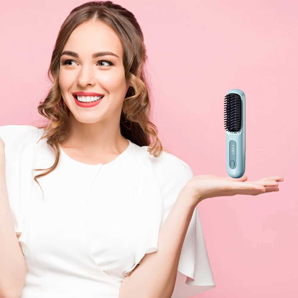 Cordless Hair Straightener Negative Ions Hair Straightener Digital Display Mini Hot Hair Comb Rechargeable for All Hair Types W250610