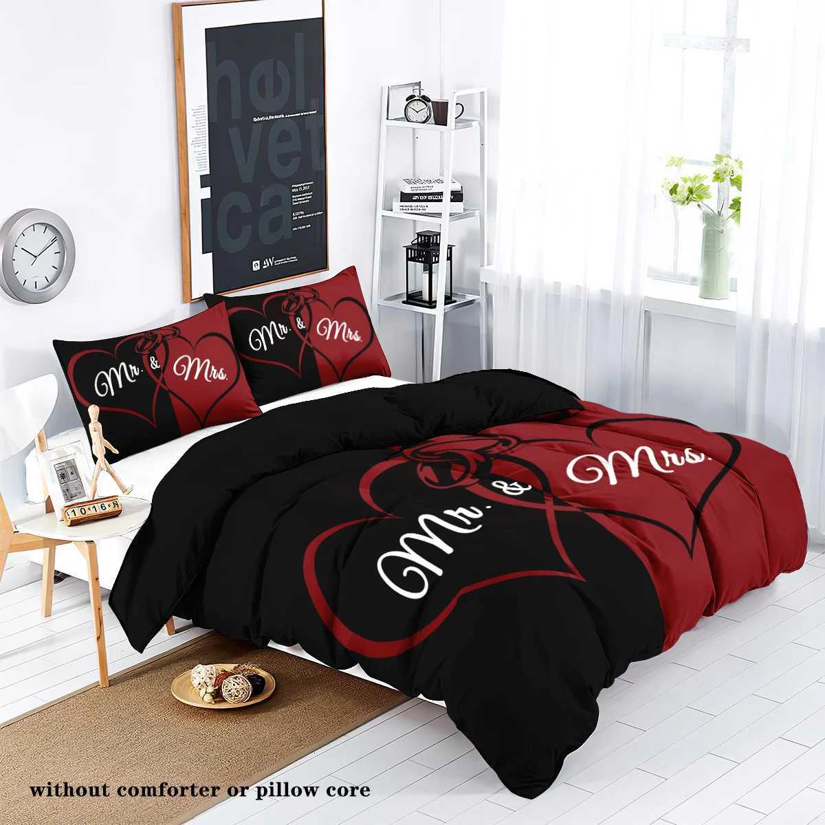 3-piece down duvet cover set with black and red color matching heart print 1 duvet cover2 cases no core couple beddingM251118