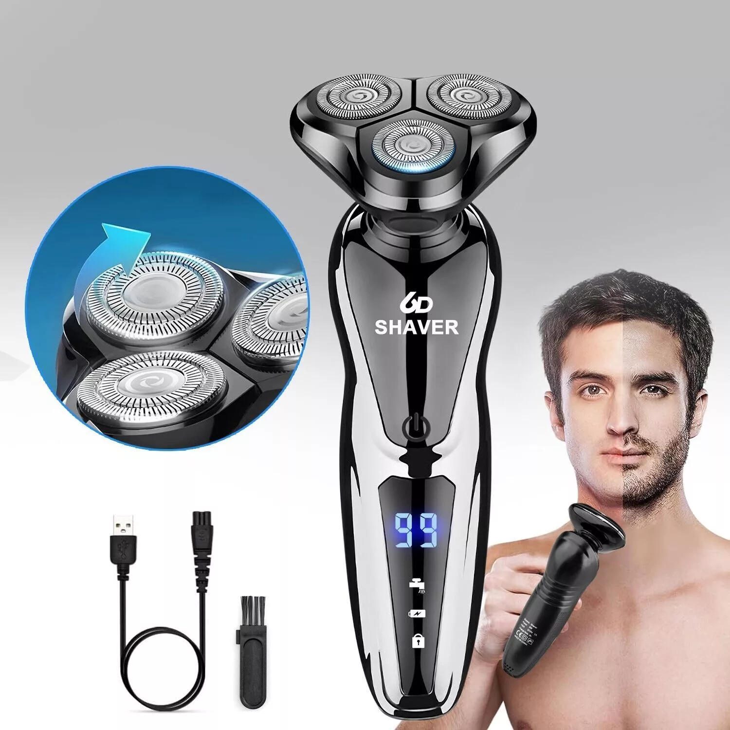 Men's Wet/Dry Electric Shaver, USB Rechargeable Rotary Razor with LED Display, Fast Charging, and Floating 3-Blade Head for Smooth Shaving