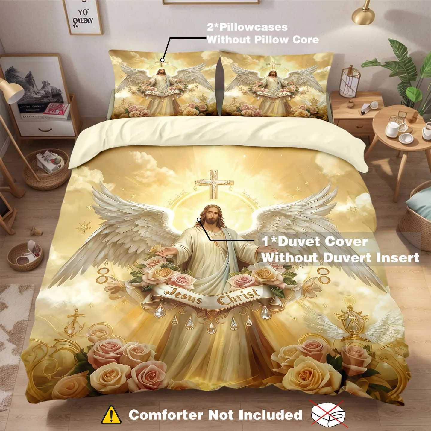 3pcs Jesus Themed Printed Polyester Bedding Set Soft and Comfortable Available in Multiple Sizes and Machine WashableM251118