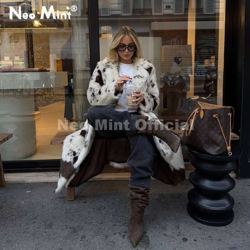 Neo Mint New 2025 Luxury Hot Brand Fashion Cow Print Long Faux Fur Coat Jacket Women Winter Thick Warm Outerwear Fluffy Overcoat