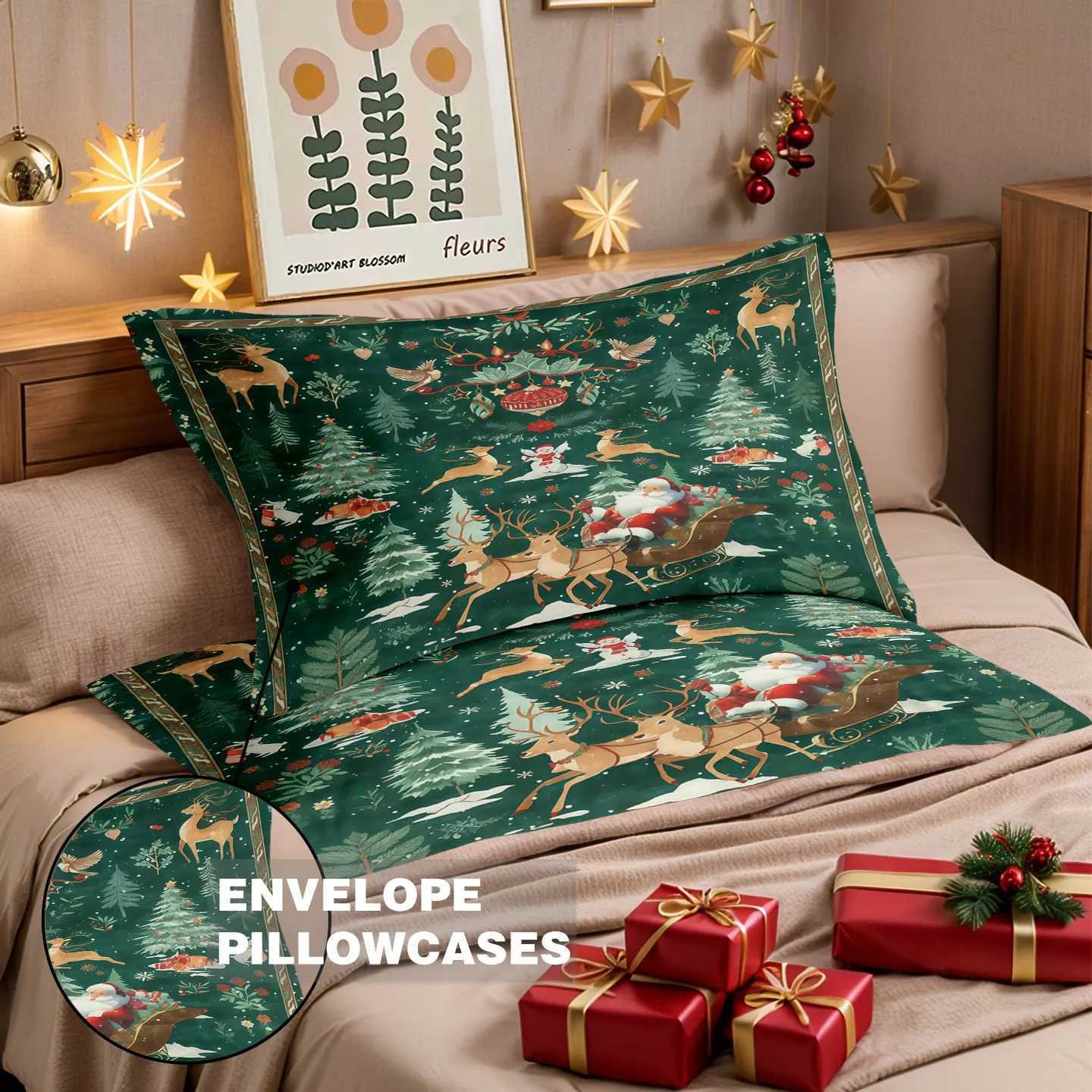 3 Pcs Green Christmas Print Coreless Set Soft and Comfortable Including 1 Duvet Cover and 2 Complete Sets for GiftM251118