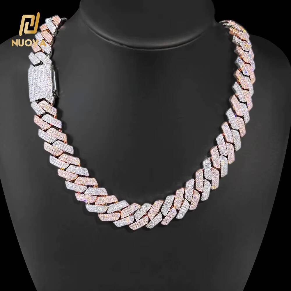 Laboratory cultivation of Moissanite 20mm Pink Silver Gold Plated Cuban Link Brass Chain Hip Hop Iced Out Diamond Bracelet Necklace Fine Jewelry for M