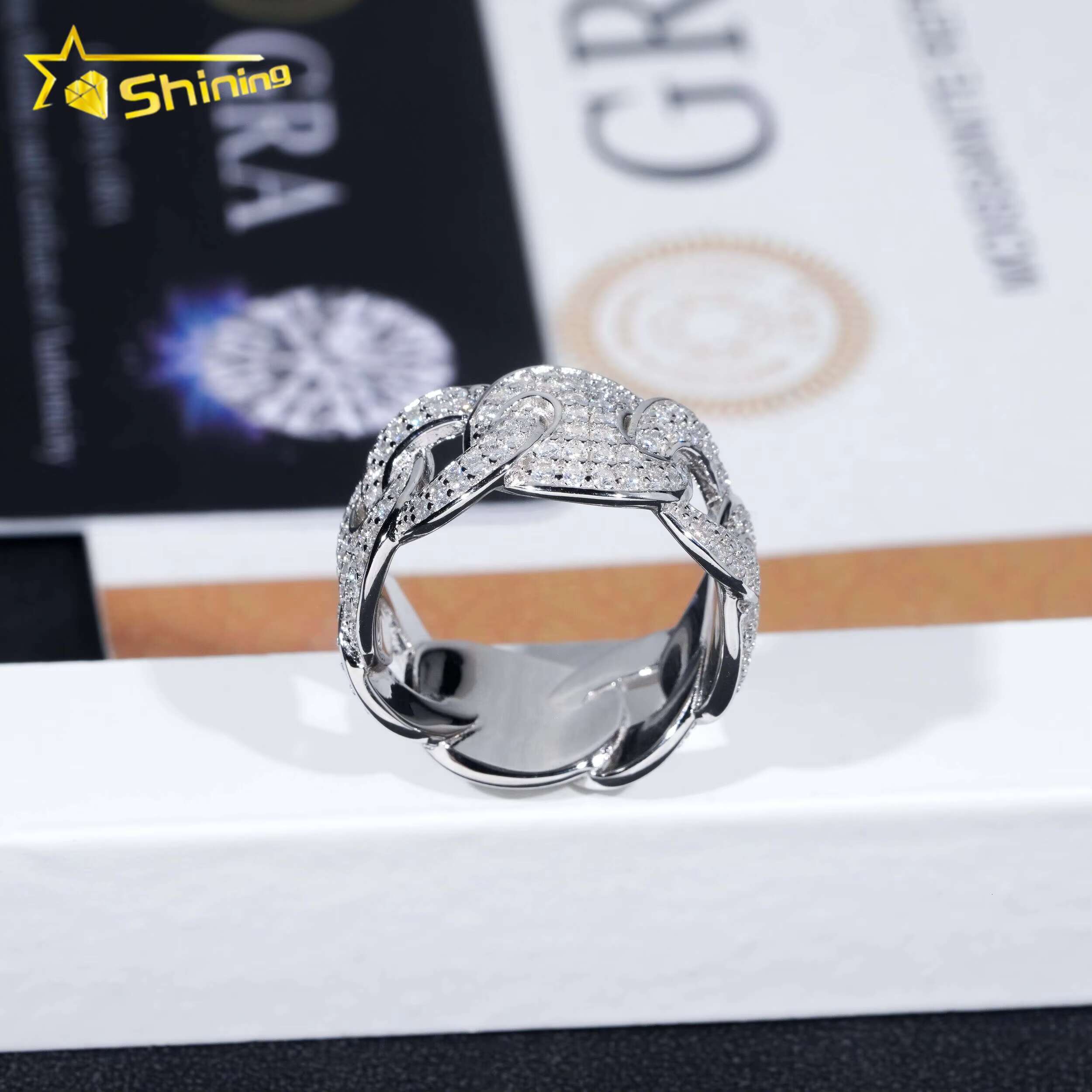 Ready to Ship Fine Jewelry GRA Certified Gold Plated Sier Iced Out Cuban Moissanite Hip Hop Ring