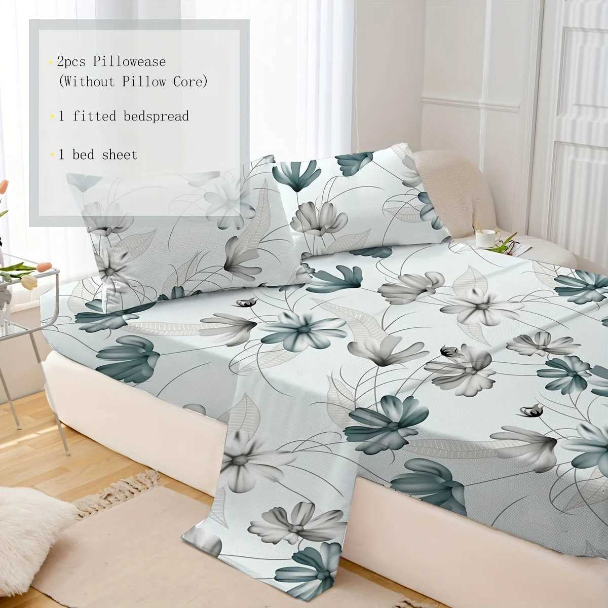 4pcs Plant and flower design bed cover multi-piece set 1 bed cover 1 sheet 2 cases no core soft and comfortableM251118