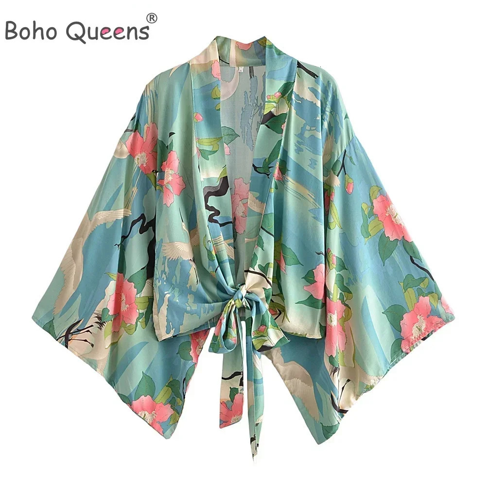 Bohemian Queen Retro Crane Printed Belt Short Kimono Womens Beach Fashion Vneck Batwing Sleeve Bikini Top 250415Z
