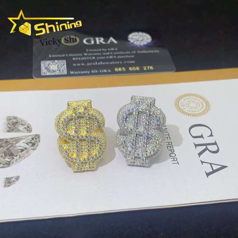Rapper Hip Hop Jewelry S Sier Gold Plated Iced Out VVS Full Moissanite Ring Pass Dia Tester