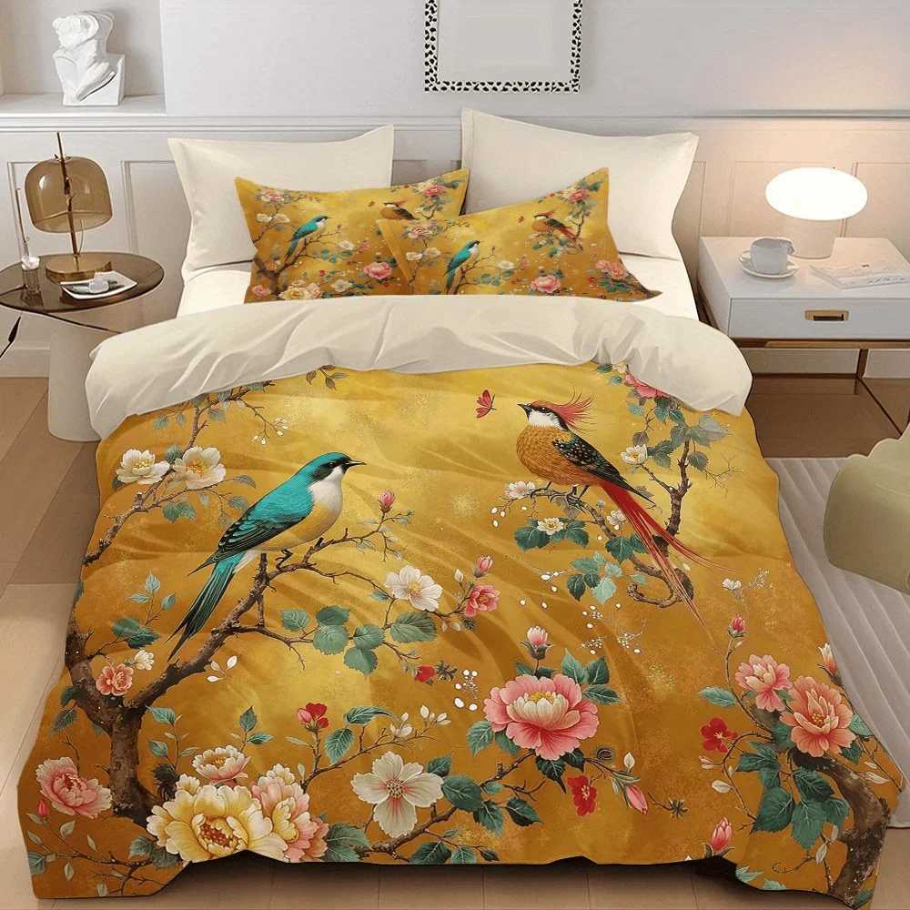3pcs Two Birds Dancing with Flowers Pattern Digital Print Quilt Set - Includes 1 Quilt Cover and 2 Cover without FillerM251118