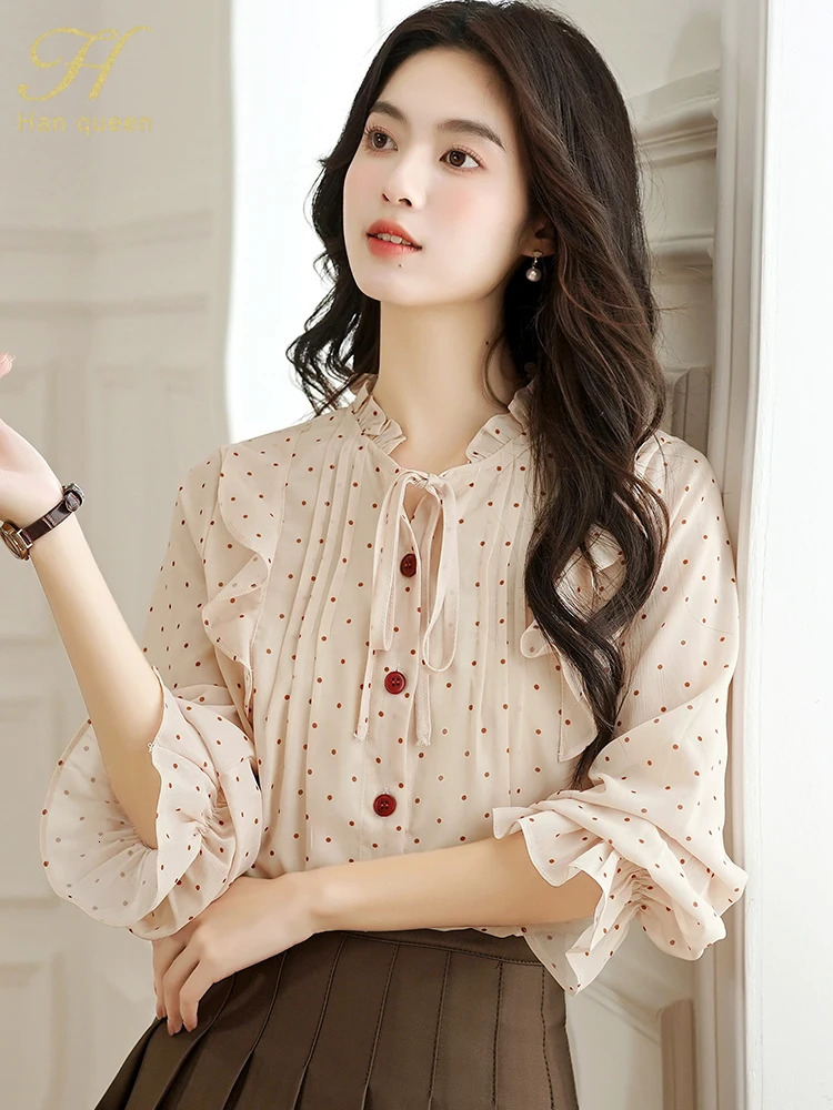 H Han Queen 2025 French Style Womens Top Chiffon Spring Chic Polka dot Shirt Long Sleeve Shirt Retro Casual Blouses 250417