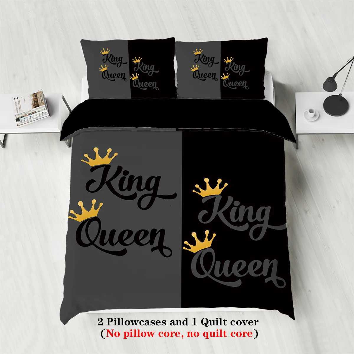 3-piece Couple Black Grey King Queen Pattern Printed Down Duvet Cover 1 piece set2 cases no core Couple Bedding SetM251118